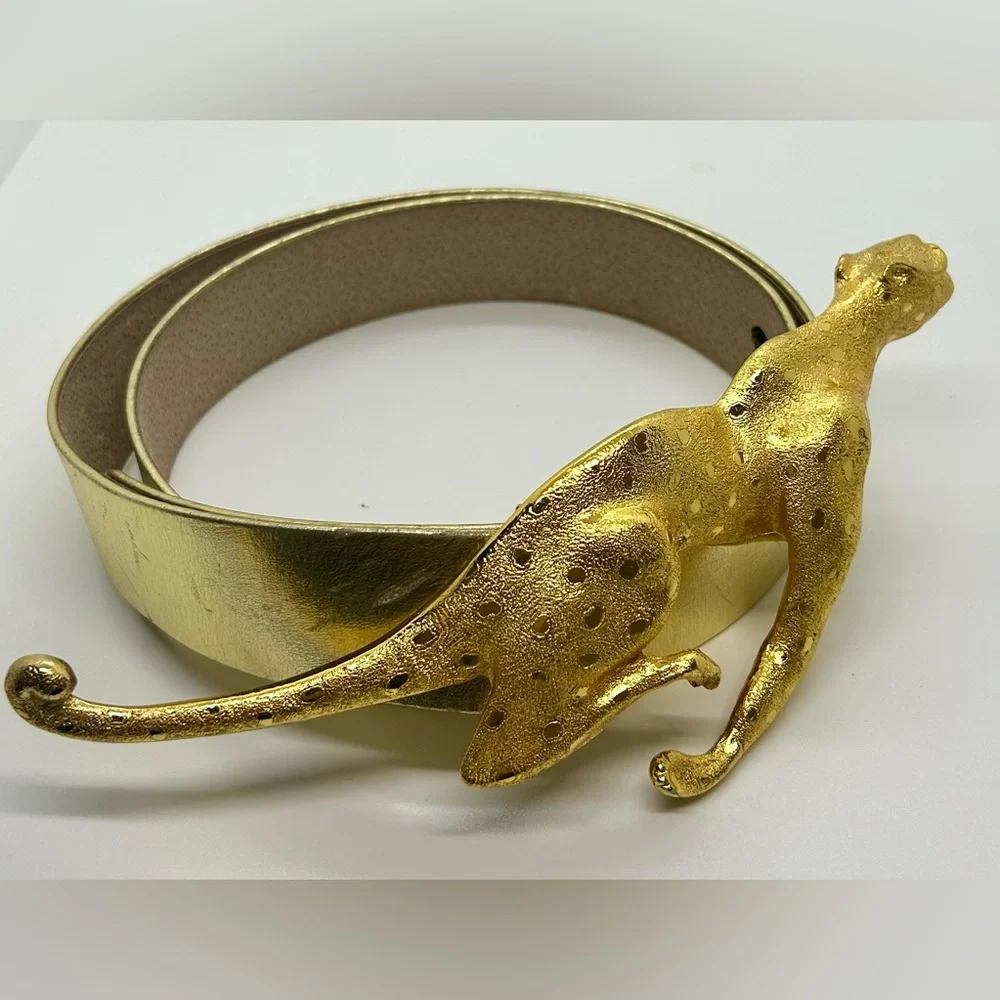 Christopher Ross Gold Cheetah Vintage Belt Buckle & Metallic Gold Leather Belt